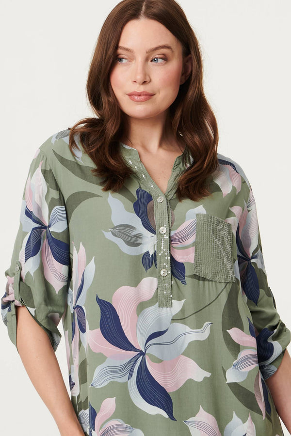 Sage | Sequin Trim Floral Relaxed Blouse