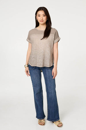 Beige | Contrast Texture Relaxed Curve Hem Top