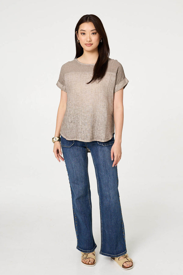 Beige | Contrast Texture Relaxed Curve Hem Top