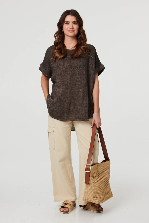 Brown | Contrast Texture Relaxed Curve Hem Top