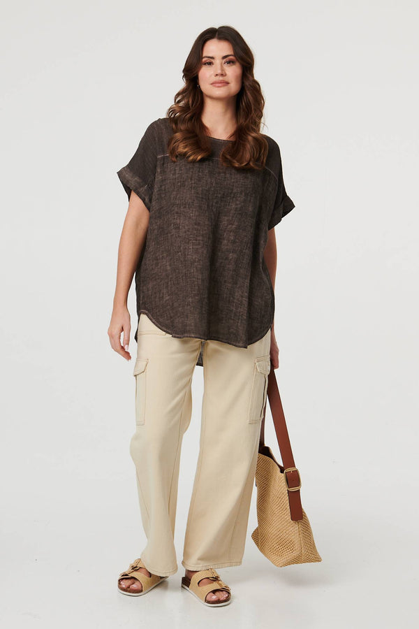 Brown | Contrast Texture Relaxed Curve Hem Top