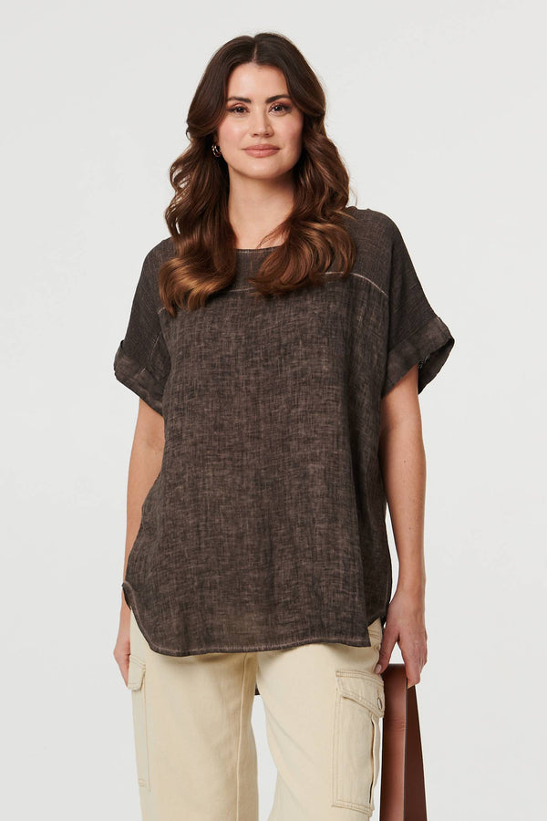 Brown | Contrast Texture Relaxed Curve Hem Top