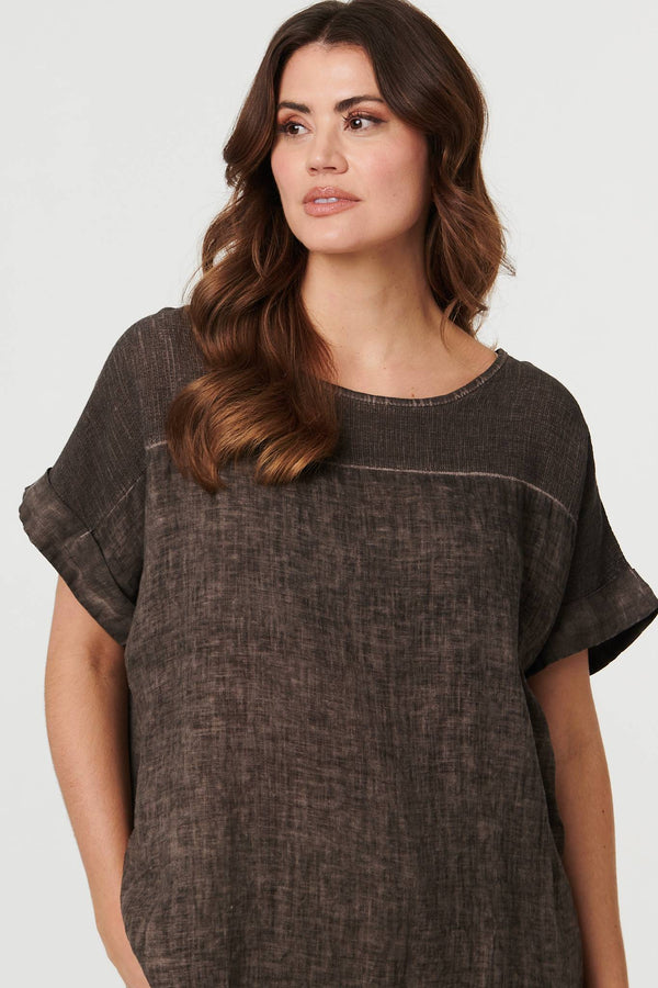 Brown | Contrast Texture Relaxed Curve Hem Top