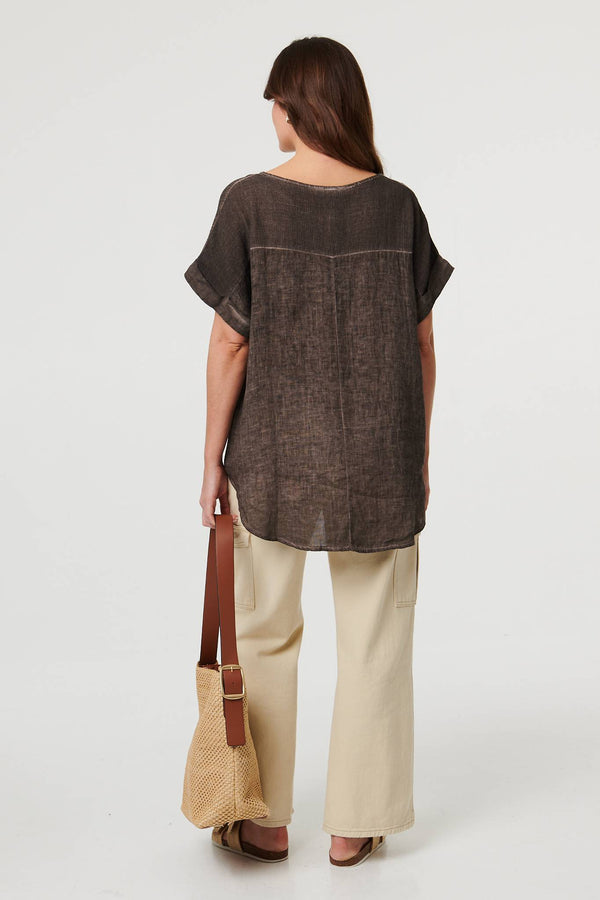 Brown | Contrast Texture Relaxed Curve Hem Top