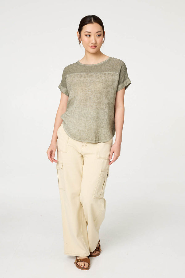 Khaki | Contrast Texture Relaxed Curve Hem Top