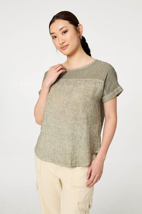 Khaki | Contrast Texture Relaxed Curve Hem Top