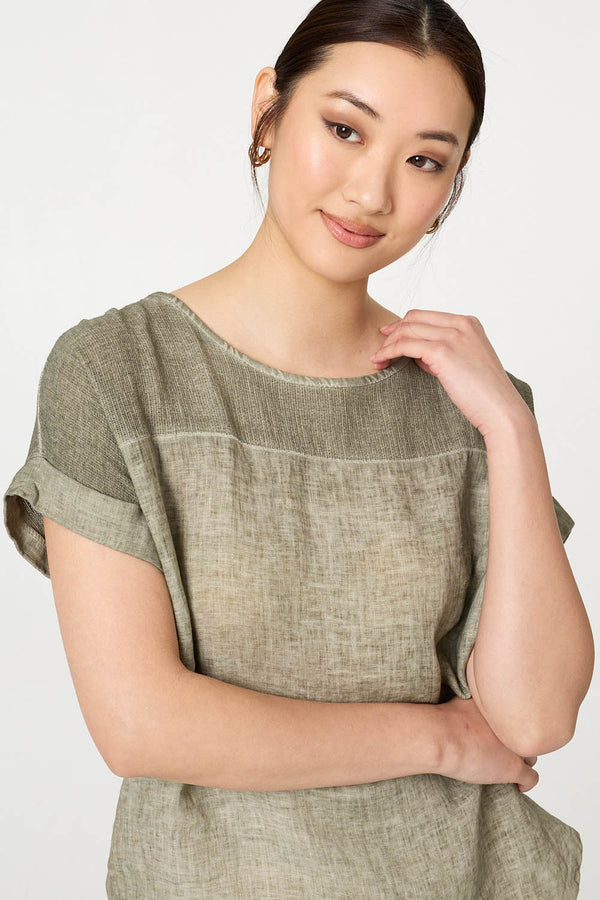 Khaki | Contrast Texture Relaxed Curve Hem Top