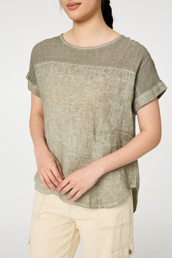 Khaki | Contrast Texture Relaxed Curve Hem Top
