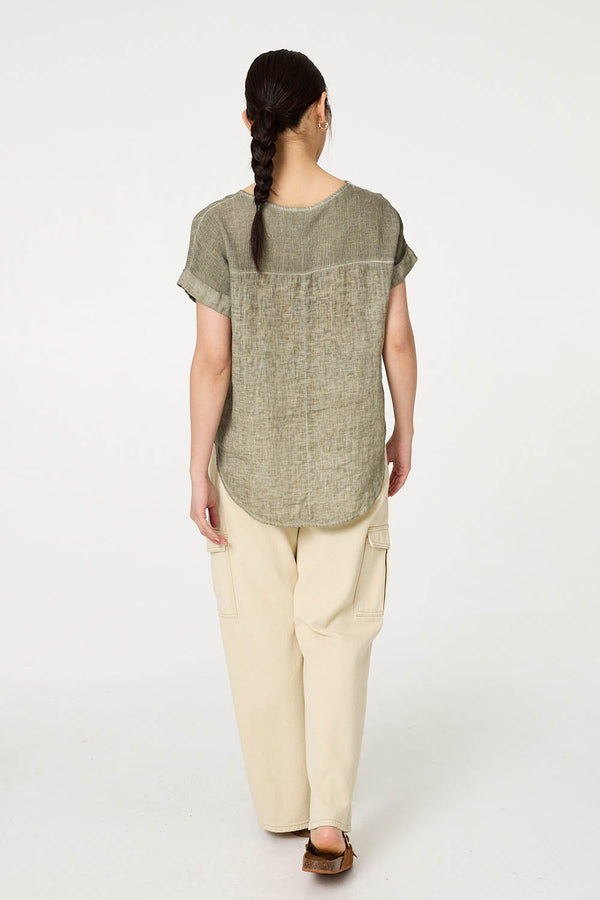 Khaki | Contrast Texture Relaxed Curve Hem Top