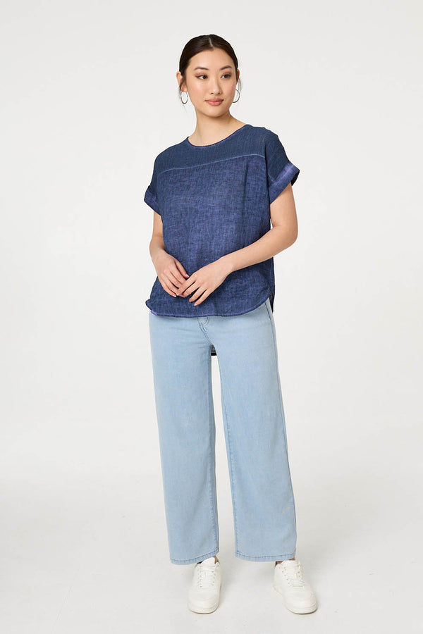 Navy | Contrast Texture Relaxed Curve Hem Top
