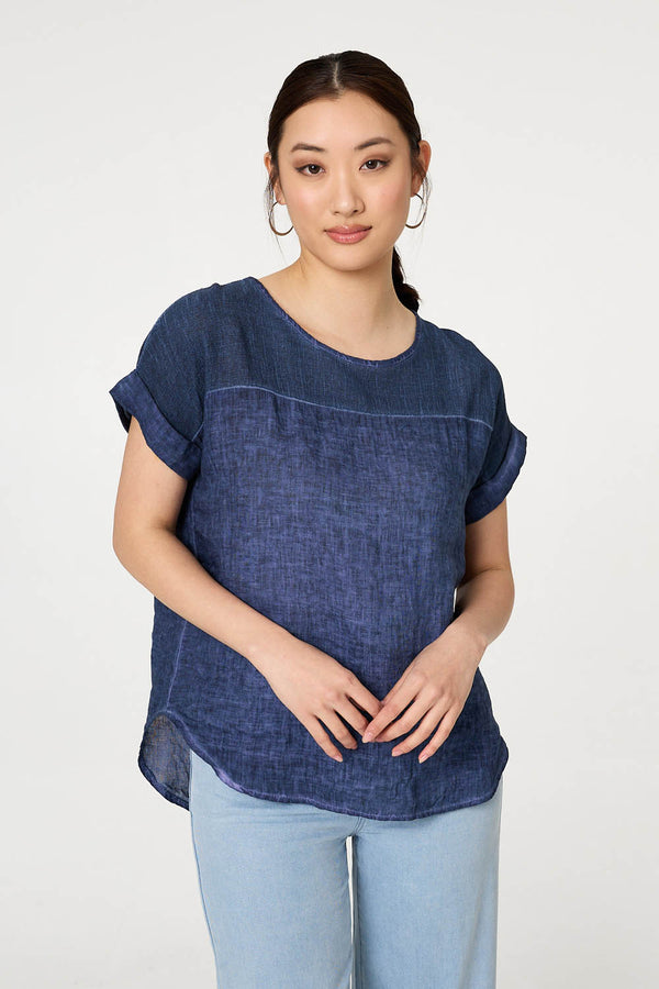 Navy | Contrast Texture Relaxed Curve Hem Top