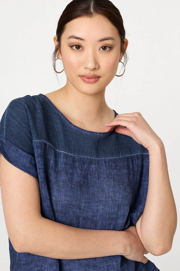 Navy | Contrast Texture Relaxed Curve Hem Top