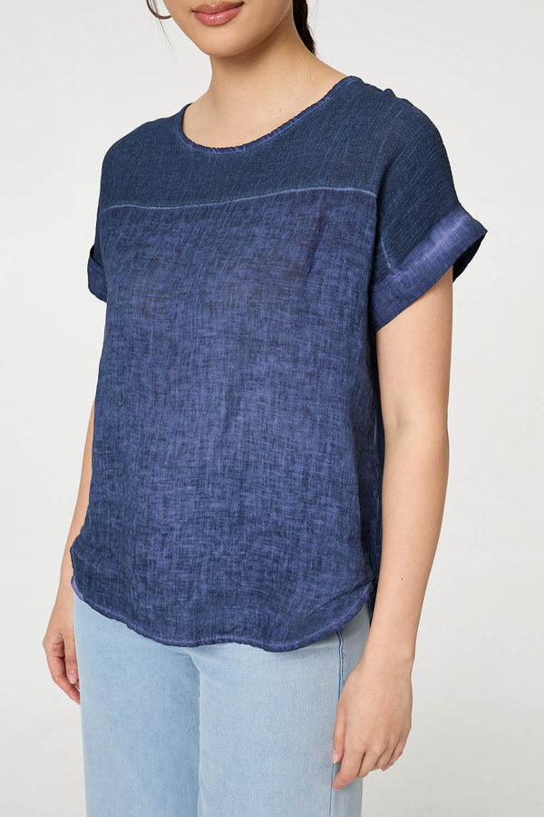 Navy | Contrast Texture Relaxed Curve Hem Top