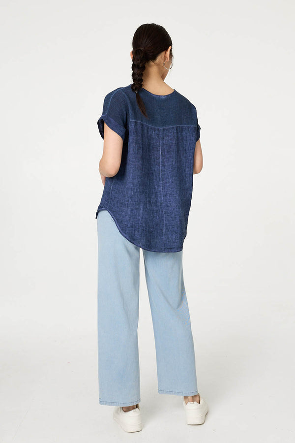 Navy | Contrast Texture Relaxed Curve Hem Top
