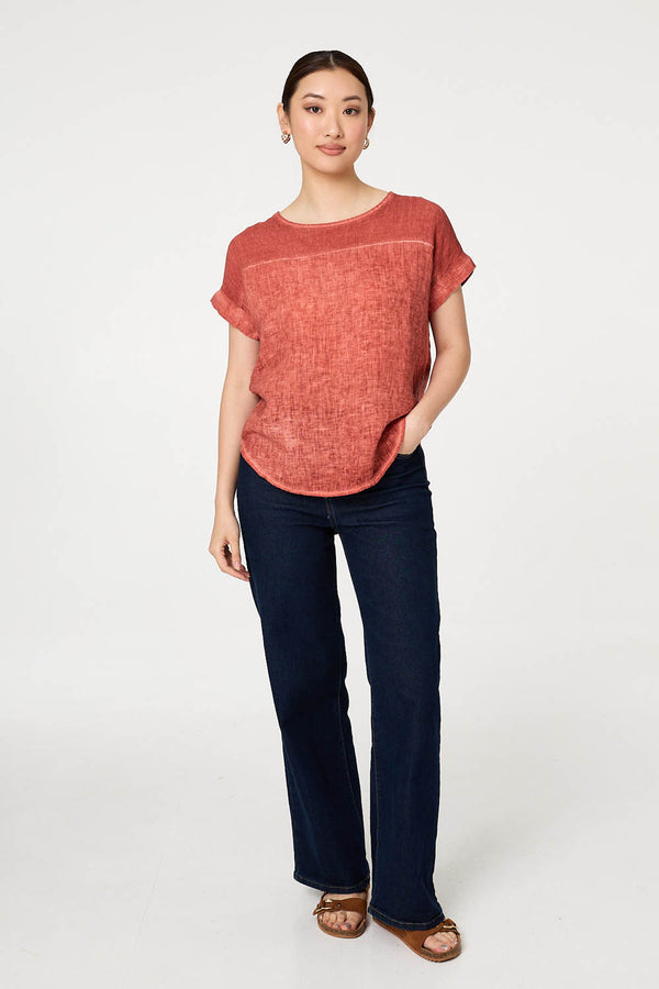 Pink | Contrast Texture Relaxed Curve Hem Top