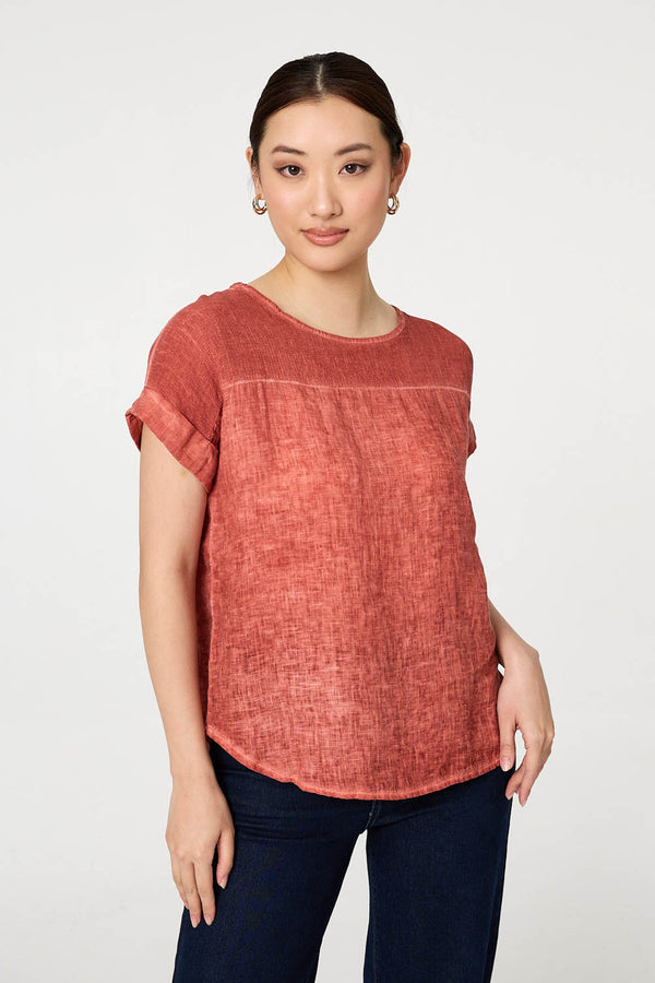 Pink | Contrast Texture Relaxed Curve Hem Top
