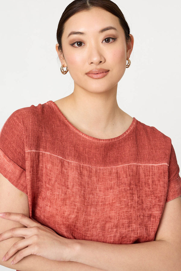 Pink | Contrast Texture Relaxed Curve Hem Top
