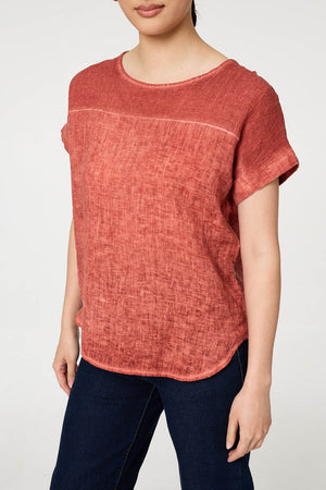 Pink | Contrast Texture Relaxed Curve Hem Top