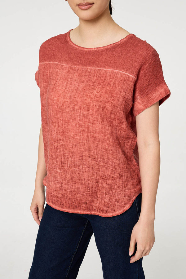 Pink | Contrast Texture Relaxed Curve Hem Top