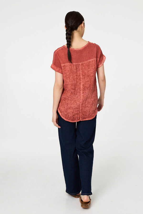 Pink | Contrast Texture Relaxed Curve Hem Top