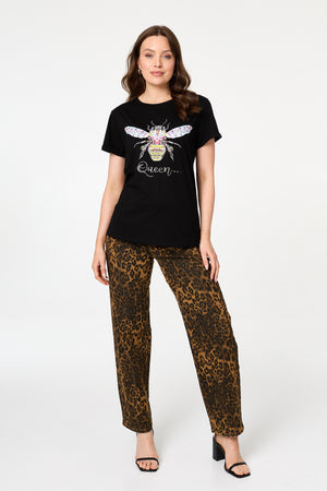 Black | Graphic Bee Print Sparkly Slim T-Shirt