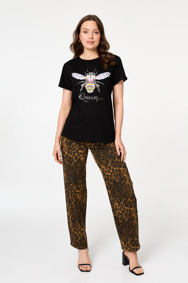 Black | Graphic Bee Print Sparkly Slim T-Shirt