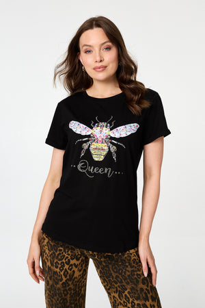 Black | Graphic Bee Print Sparkly Slim T-Shirt