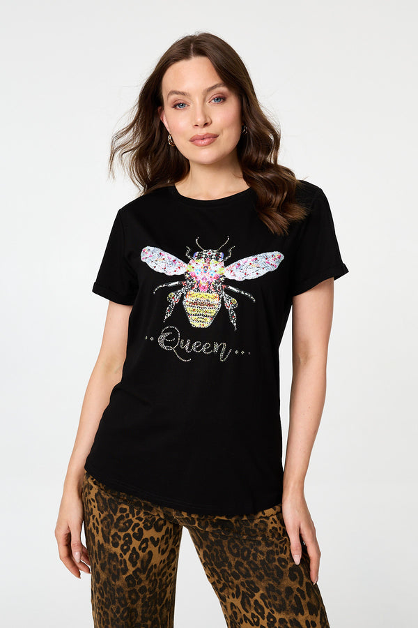 Black | Graphic Bee Print Sparkly Slim T-Shirt