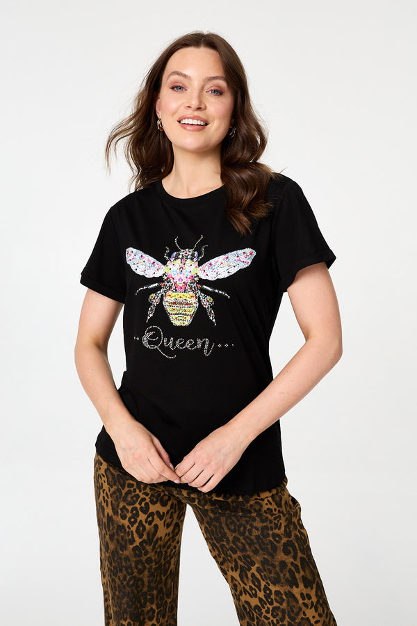 Black | Graphic Bee Print Sparkly Slim T-Shirt