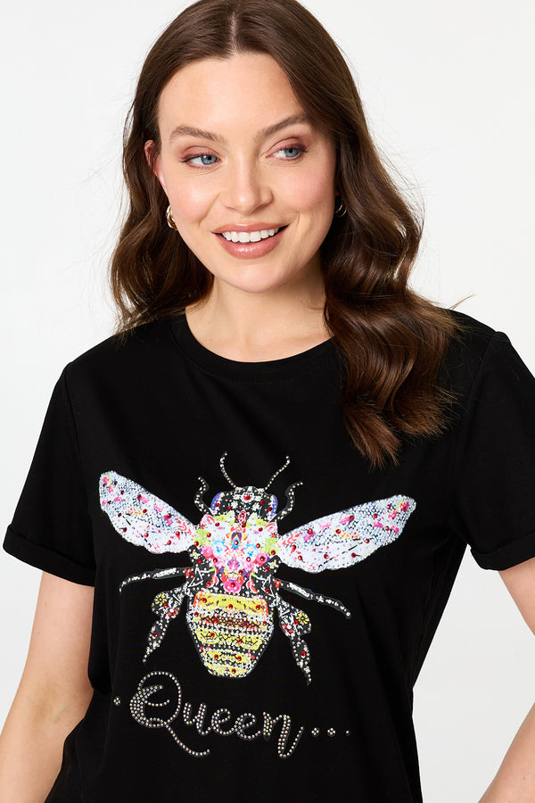 Black | Graphic Bee Print Sparkly Slim T-Shirt