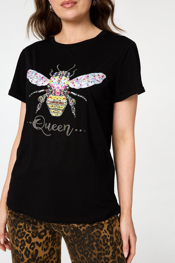 Black | Graphic Bee Print Sparkly Slim T-Shirt