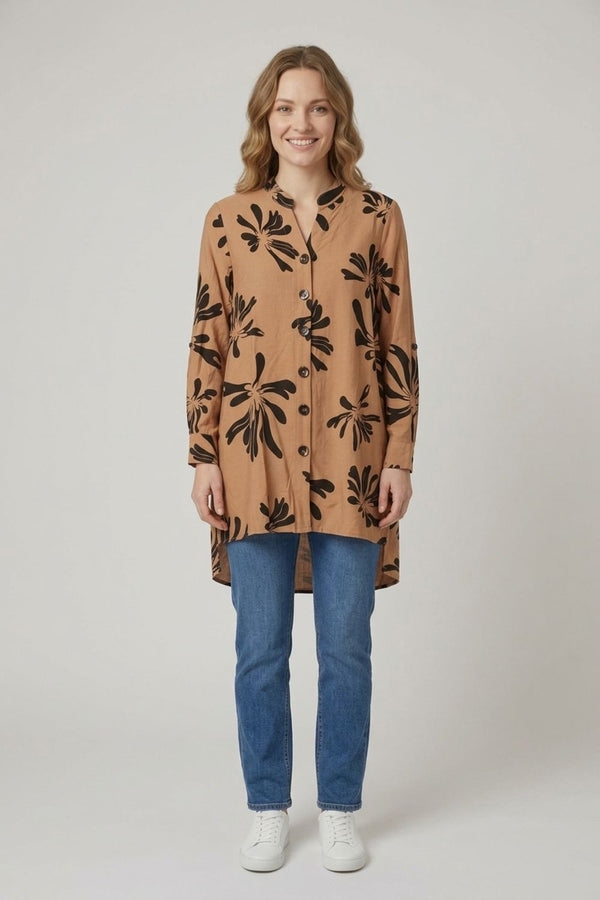 Beige | Printed Long Sleeve Relaxed Tunic Shirt
