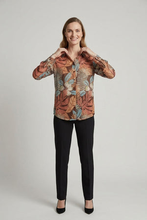 Brown | Leaf Print Long Sleeve Relaxed Shirt : Model is 5'6
