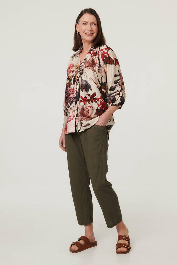 Cream | Floral 3/4 Puff Sleeve Curve Hem Blouse