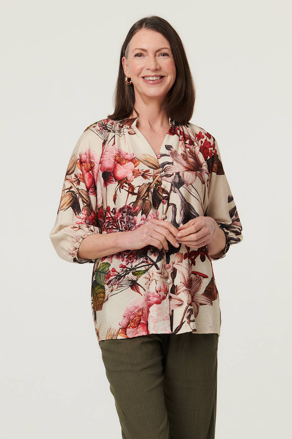 Cream | Floral 3/4 Puff Sleeve Curve Hem Blouse