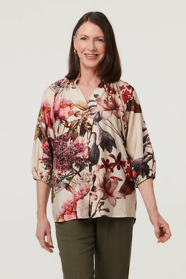 Cream | Floral 3/4 Puff Sleeve Curve Hem Blouse