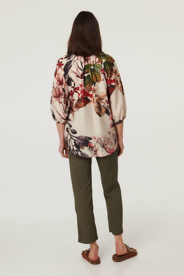 Cream | Floral 3/4 Puff Sleeve Curve Hem Blouse
