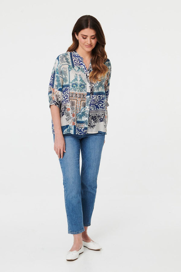 Blue | Patchwork 1/2 Sleeve Button Detail Shirt