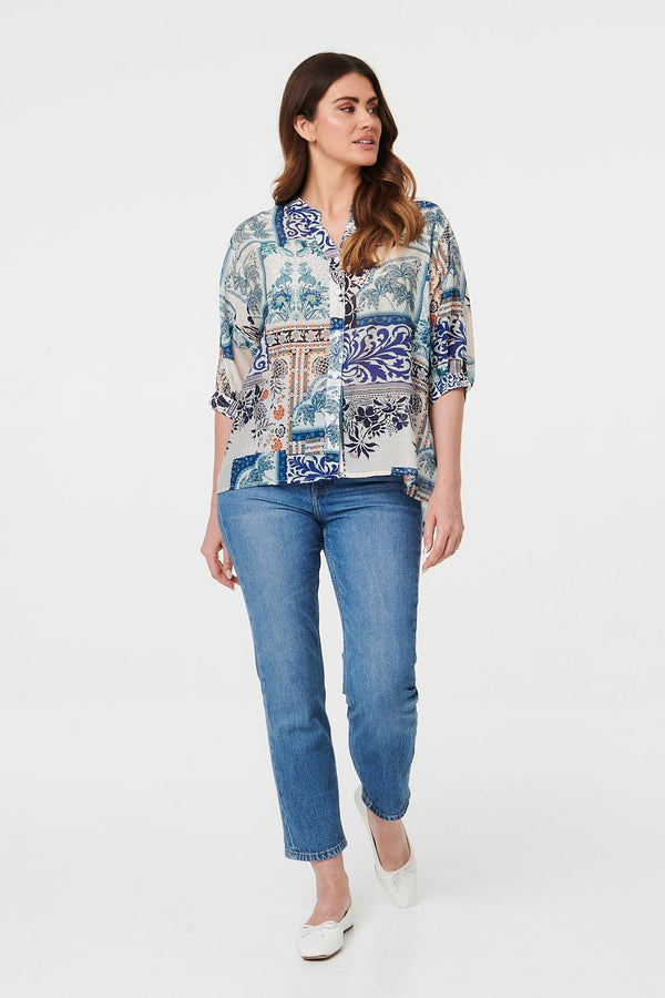Blue | Patchwork 1/2 Sleeve Button Detail Shirt