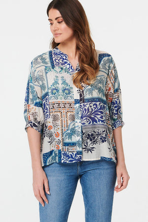 Blue | Patchwork 1/2 Sleeve Button Detail Shirt