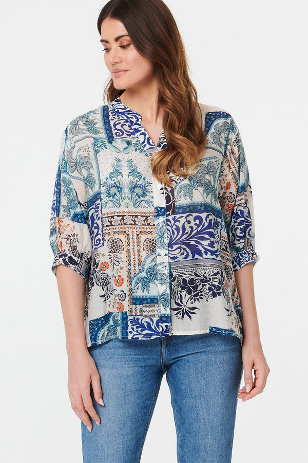 Blue | Patchwork 1/2 Sleeve Button Detail Shirt