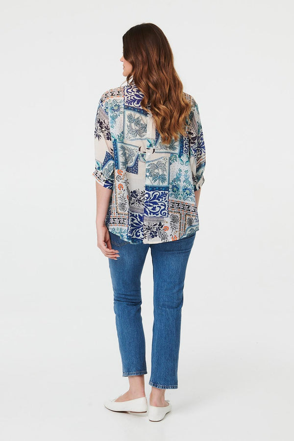 Blue | Patchwork 1/2 Sleeve Button Detail Shirt