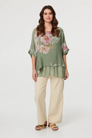 Khaki | Floral 3/4 Sleeve Layered Tunic Blouse