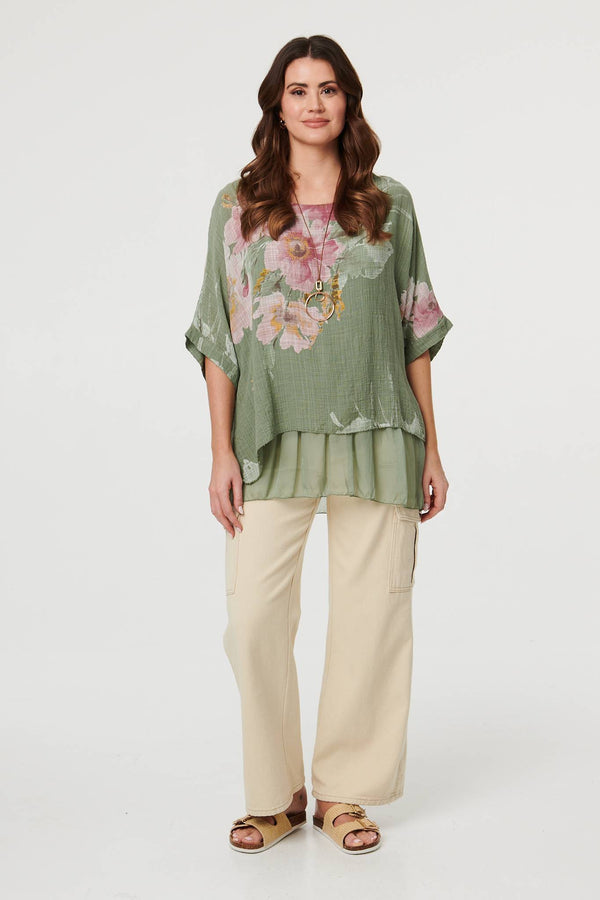 Khaki | Floral 3/4 Sleeve Layered Tunic Blouse