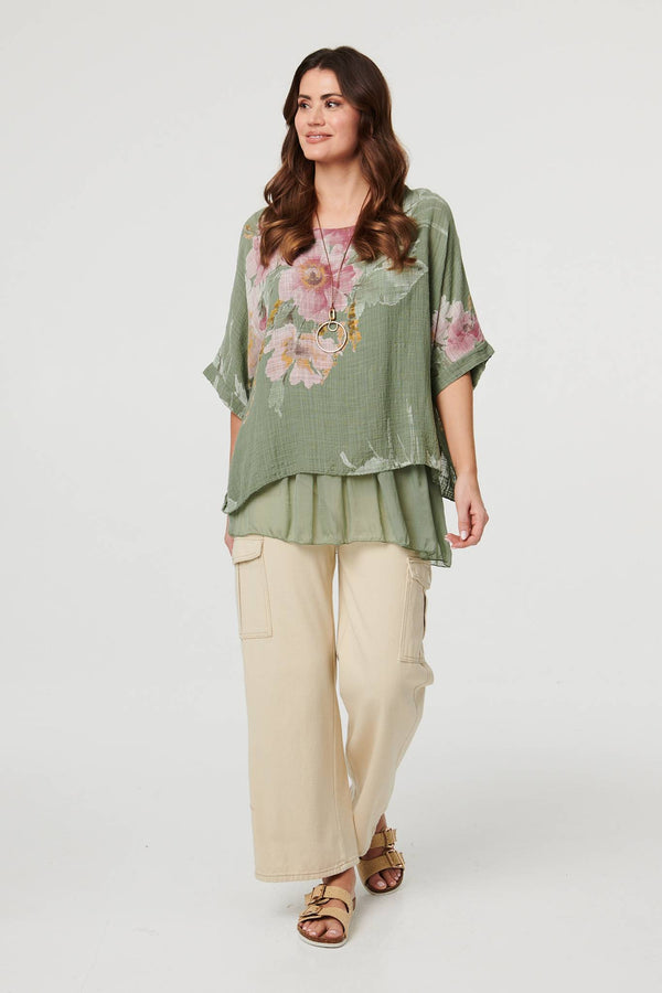 Khaki | Floral 3/4 Sleeve Layered Tunic Blouse : Model is 5'9"/175 cm and wears UK10/EU38/US6/AUS10