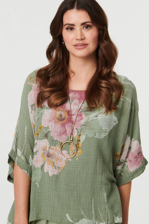 Khaki | Floral 3/4 Sleeve Layered Tunic Blouse