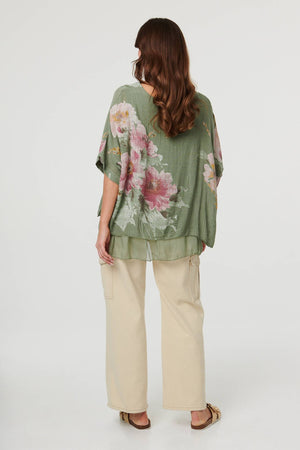 Khaki | Floral 3/4 Sleeve Layered Tunic Blouse