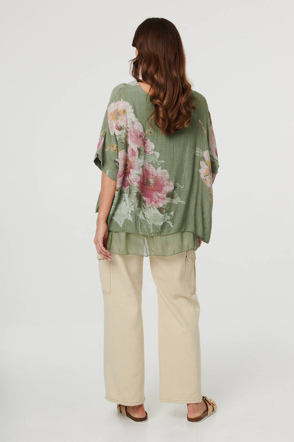 Khaki | Floral 3/4 Sleeve Layered Tunic Blouse