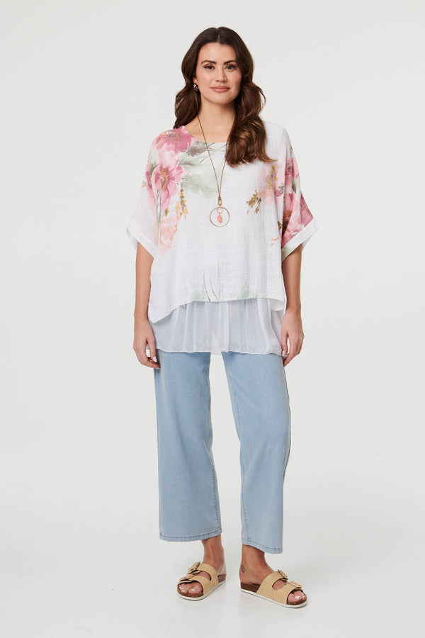 White | Floral 3/4 Sleeve Layered Tunic Blouse : Model is 5'9"/175 cm and wears UK10/EU38/US6/AUS10