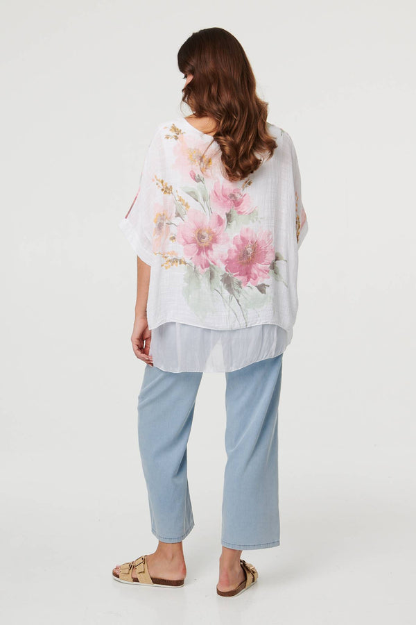 White | Floral 3/4 Sleeve Layered Tunic Blouse